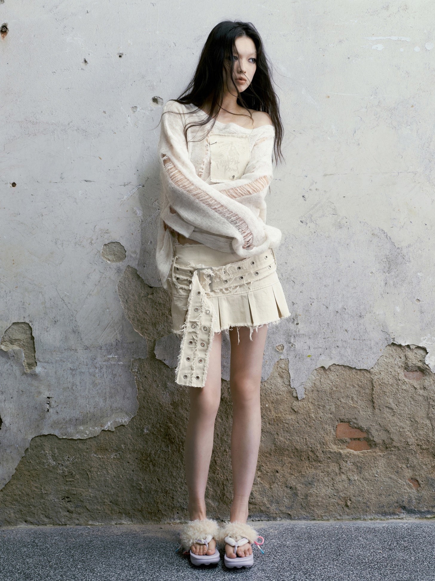 생 가장자리 데님 주름 치마