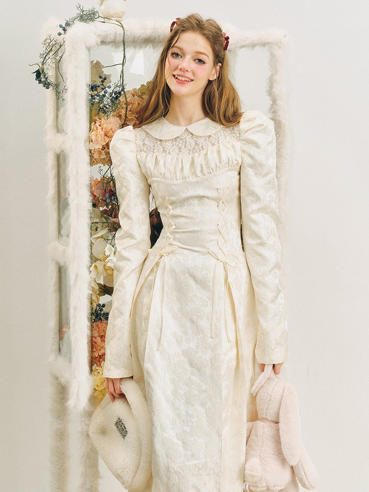 Jacquard Lace-Up Tuck Pleated Dress