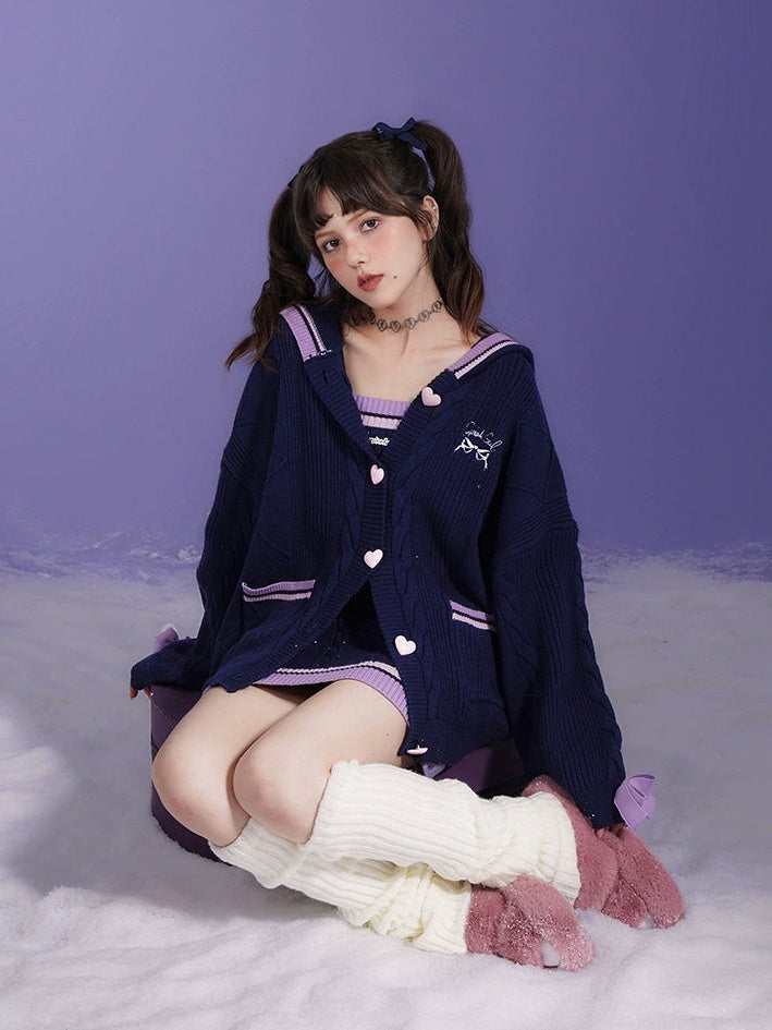 Line Design Hooded Knitted Cardigan & Cable Knitted Slip Dress