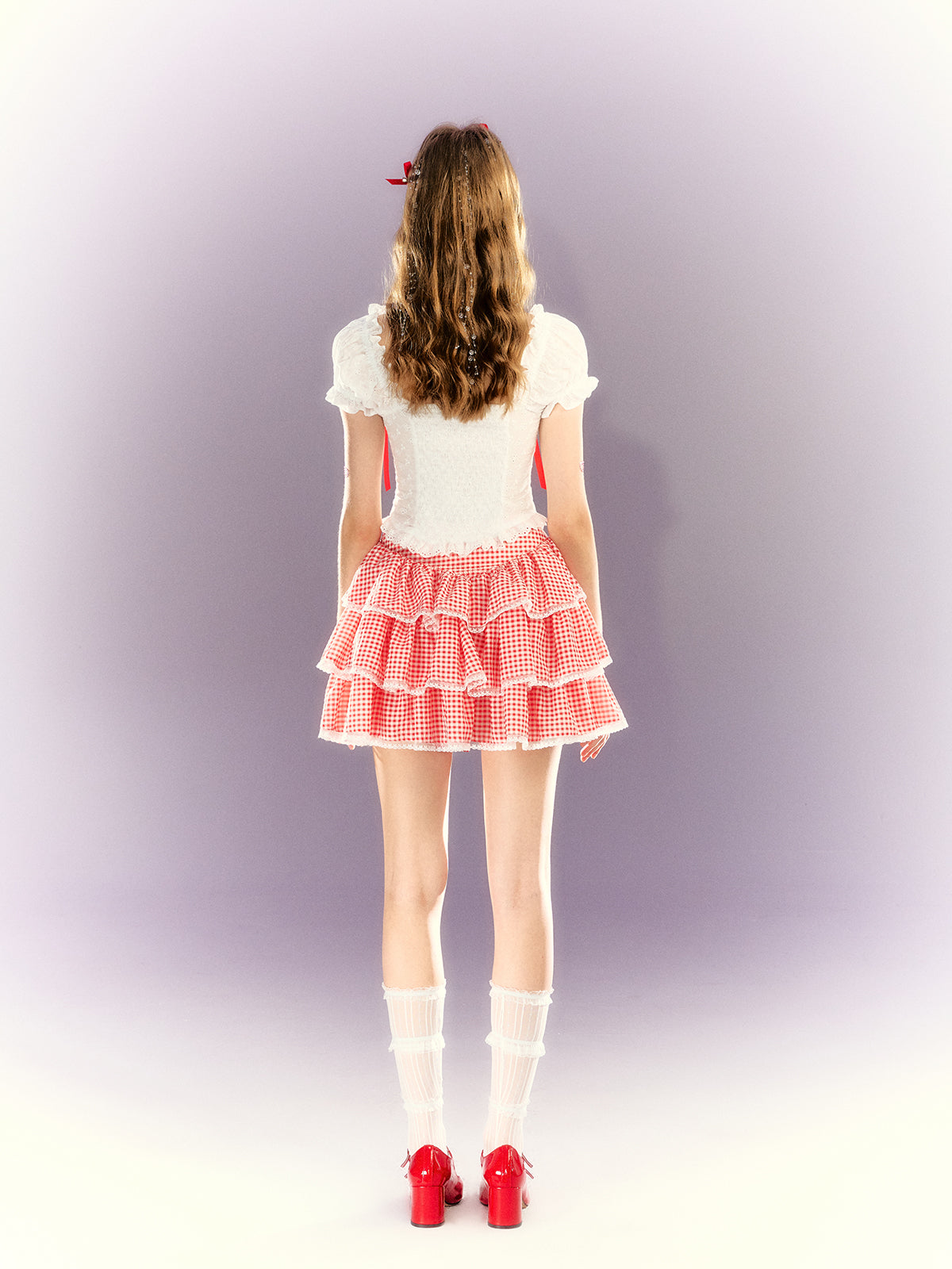 Lace Ribbon Puff Sleeve Top & Gingham Check Cake Skirt