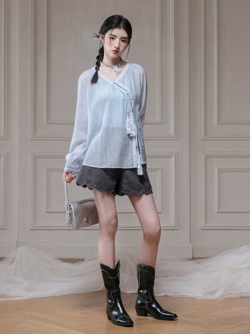 Oblique Placket Tie Sheer Shirt & Camisole Set-up