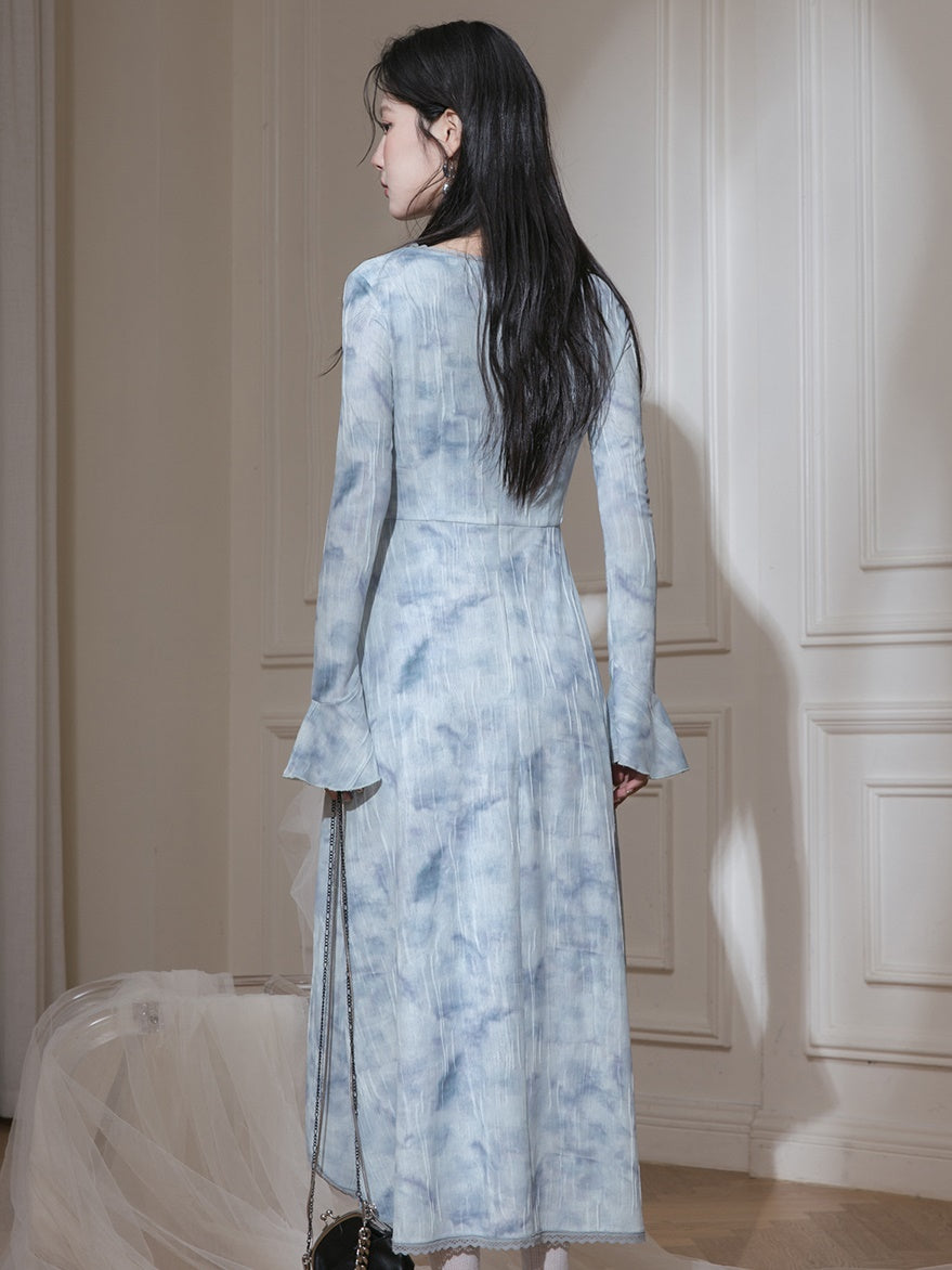 번지 인쇄 스트레치 타이트 드레스