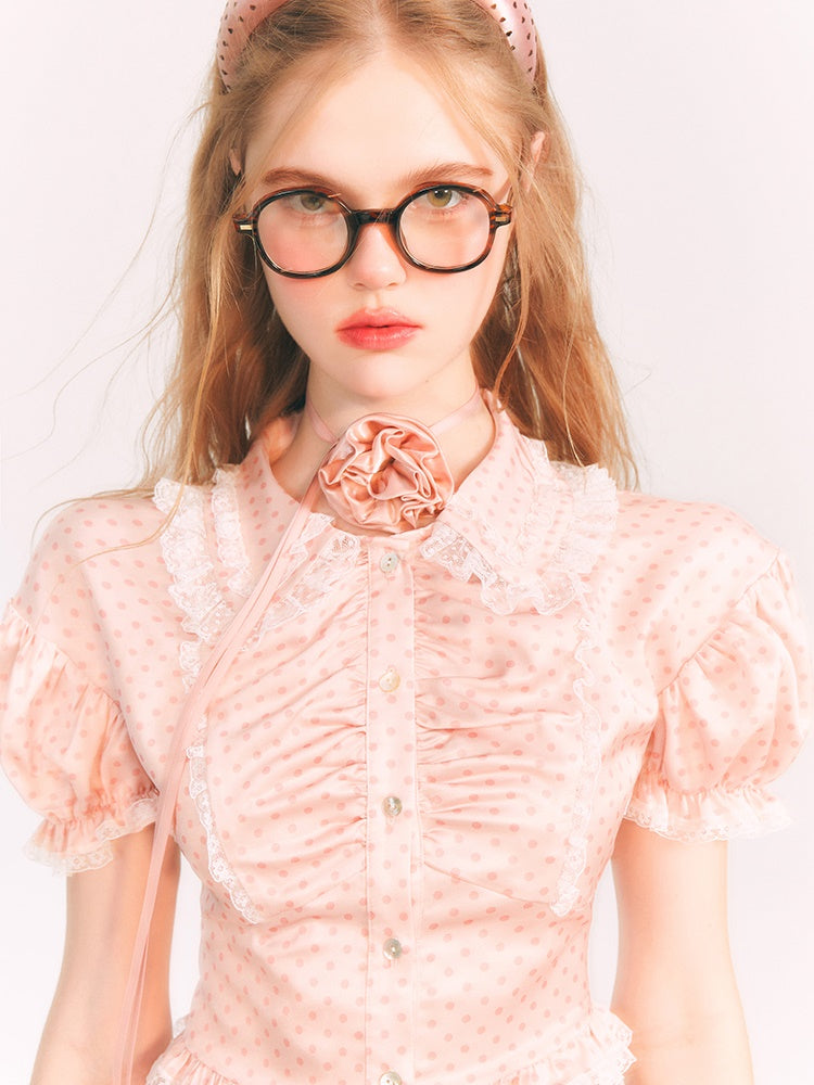 Dot Puff Sleeve Shirt & Lace Stitch Mini Skirt