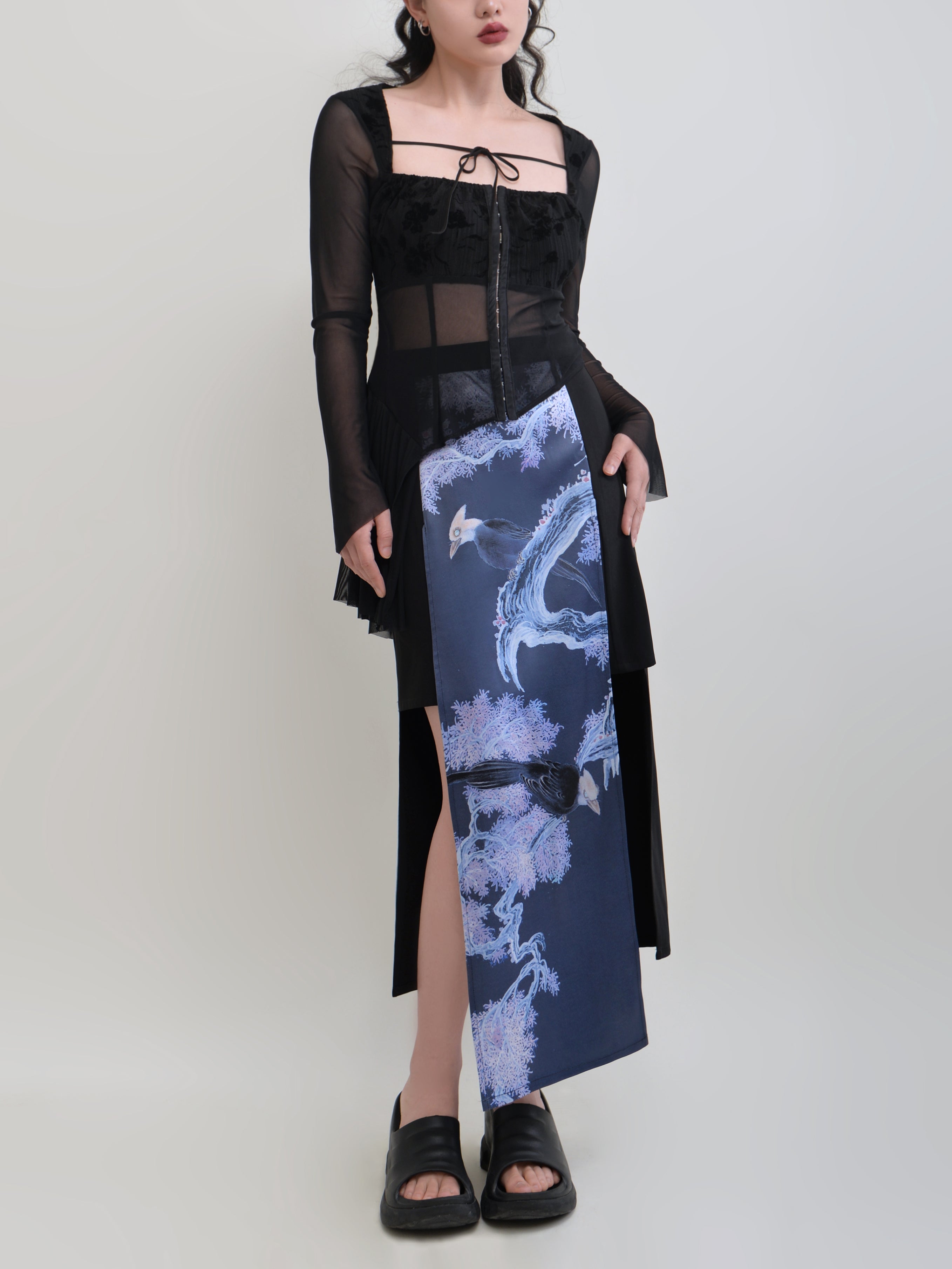 중국 스타일 인쇄 스티칭 하이 허리 스커트