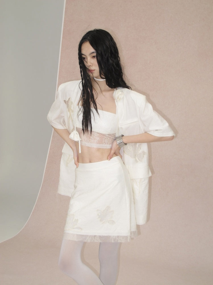 Carved Lace Embroidery Jacket & Camisole & Short Skirt