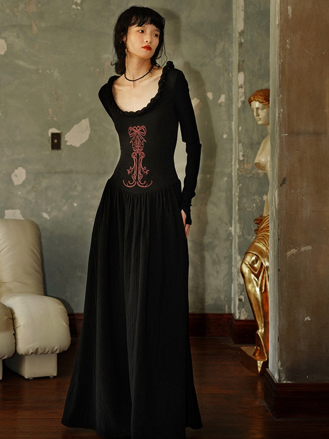 U-Neck Embroidery Waist Switching Long Dress