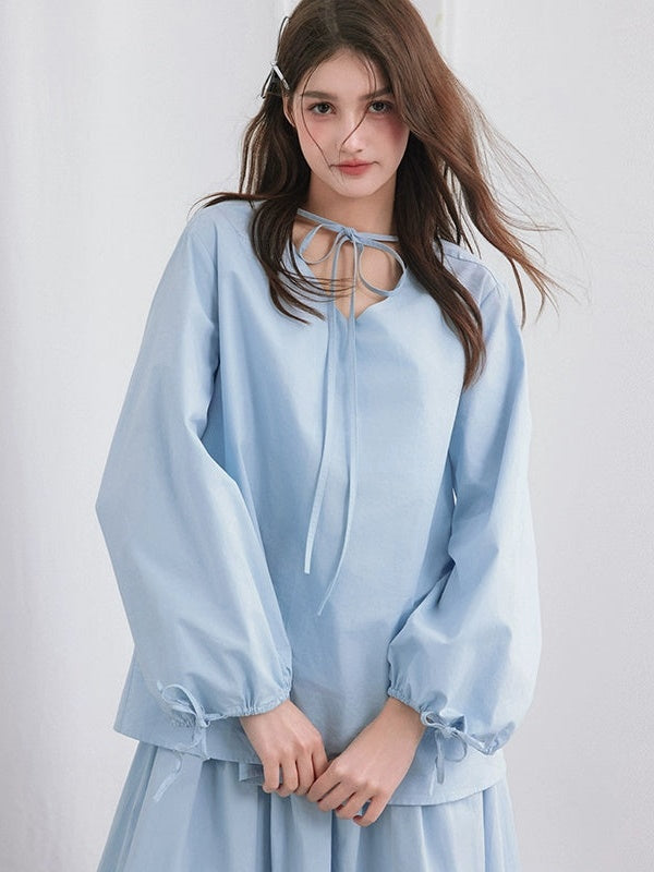 V-neck 2Way Long-sleeve Ribbon Shirtle & Long Skirt