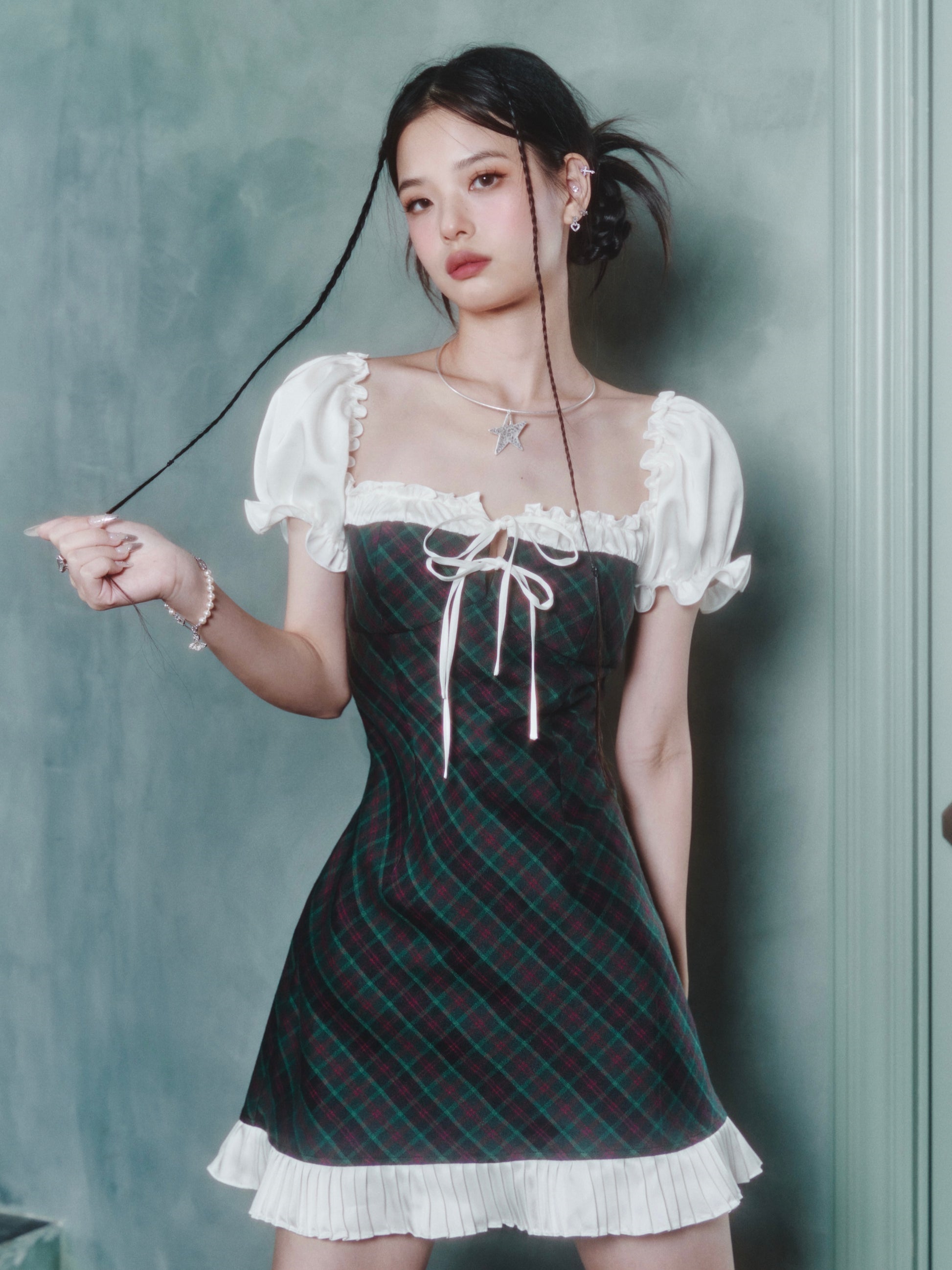 레이스 업 bownot 격자 무늬 사각형 목 드레스