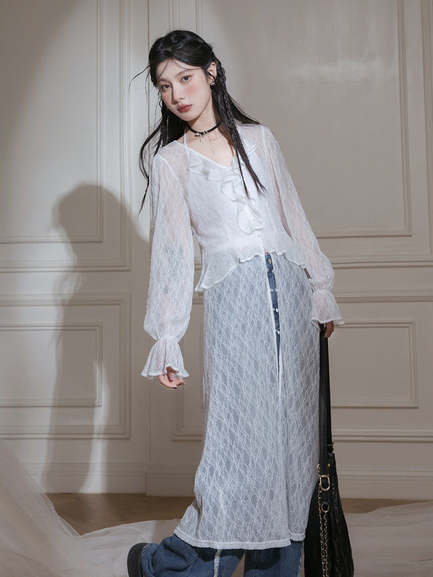 Lace V-neck Sheer Dress & Halter-neck Camisole Set-up