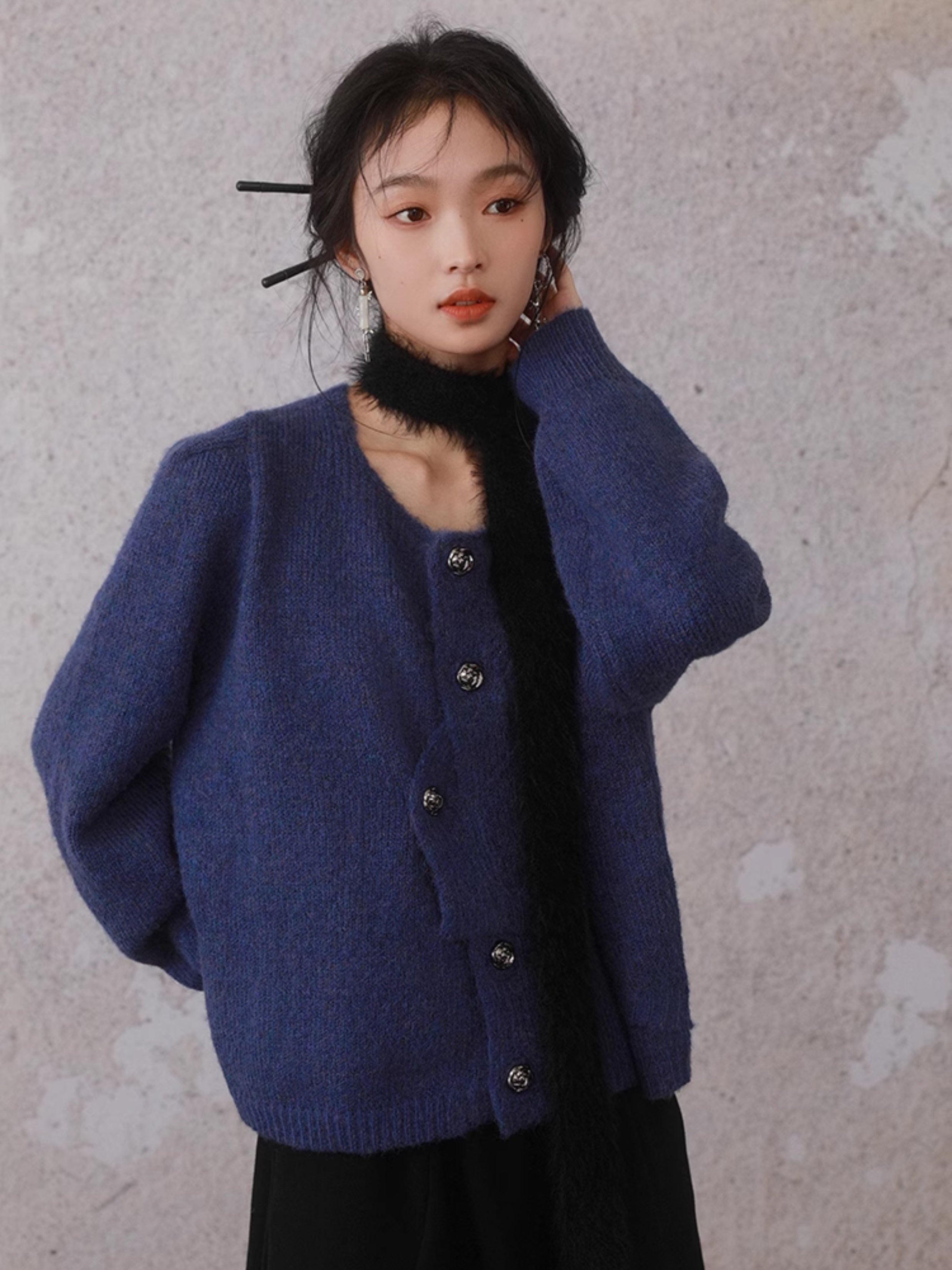 Irregular Button Round Neck Knitted Cardigan