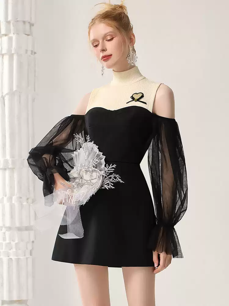 High-Neck Knit Open-Shoulder Balloon-Sleeve Ciffon Dress