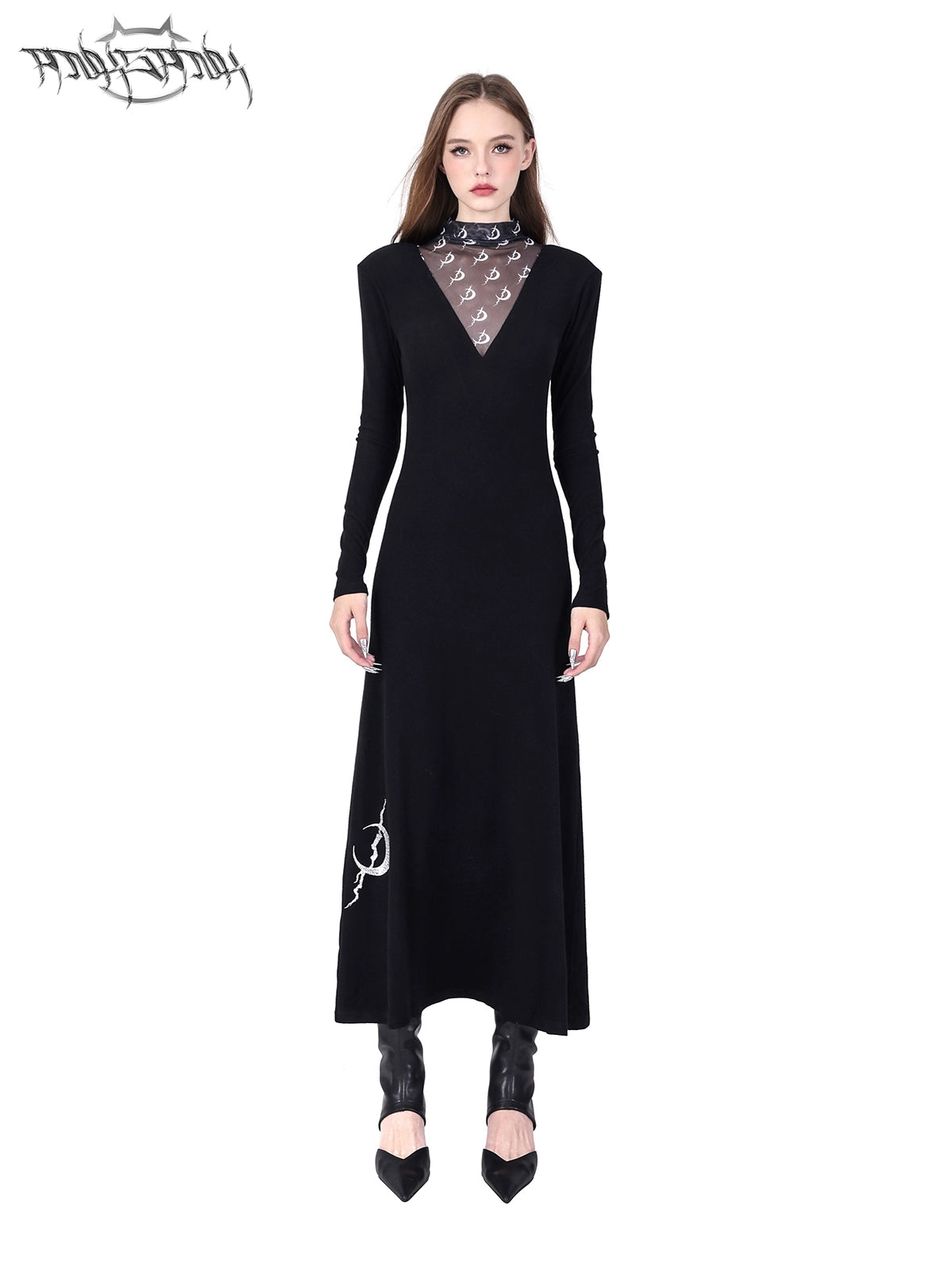 Mesh Splicing Shoulder Pad Bottle Neck Dress