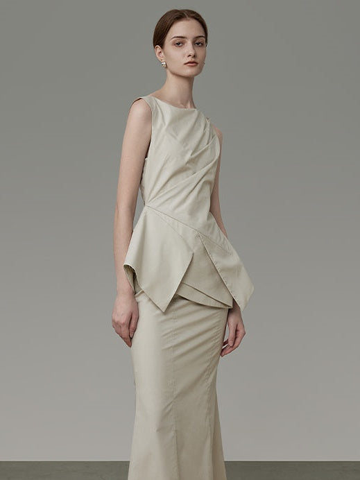 허리 비대칭 주름 디자인 소매가 상단