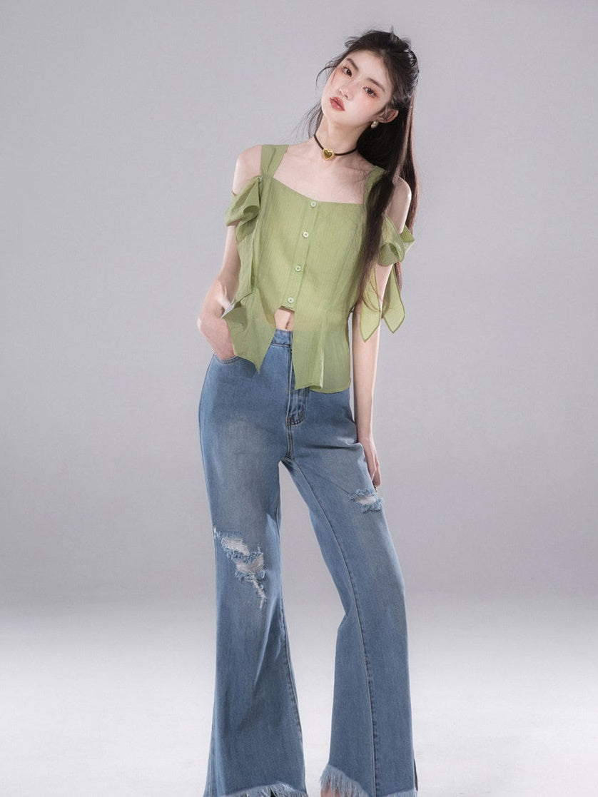 Square Neck Shirt With Shoulder Sleeves