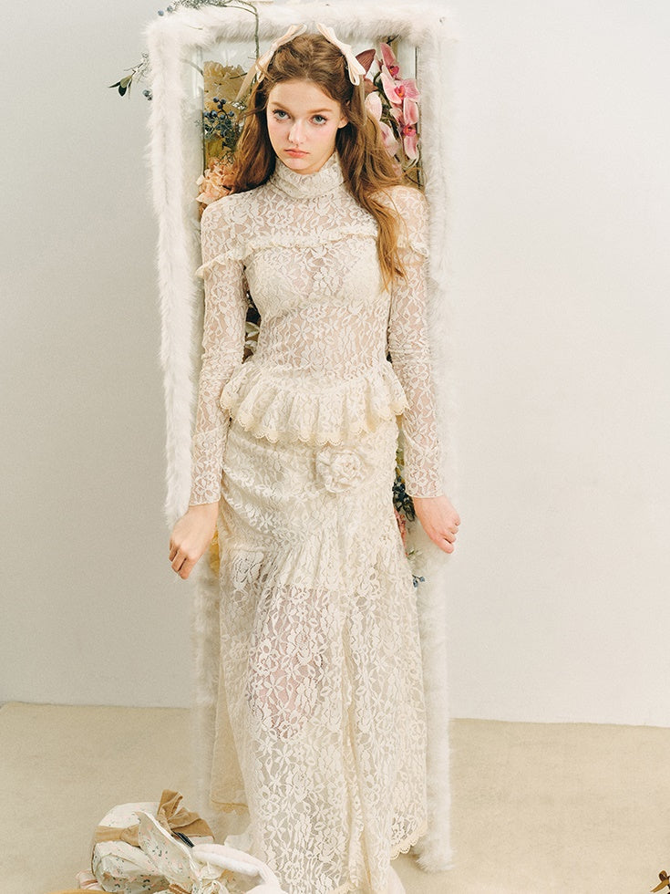 Lace High-Neck Peplum Design Top & Embroidered Lace Skirt