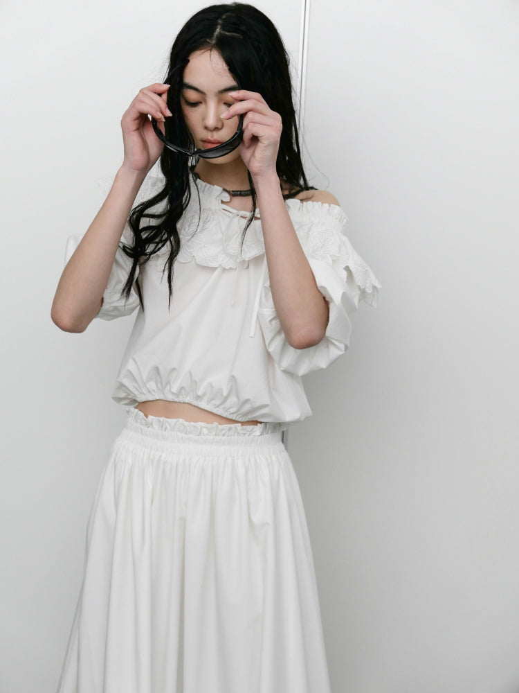 Carved Flower Lace Off-Shoulder Top & Embroidered Skirt