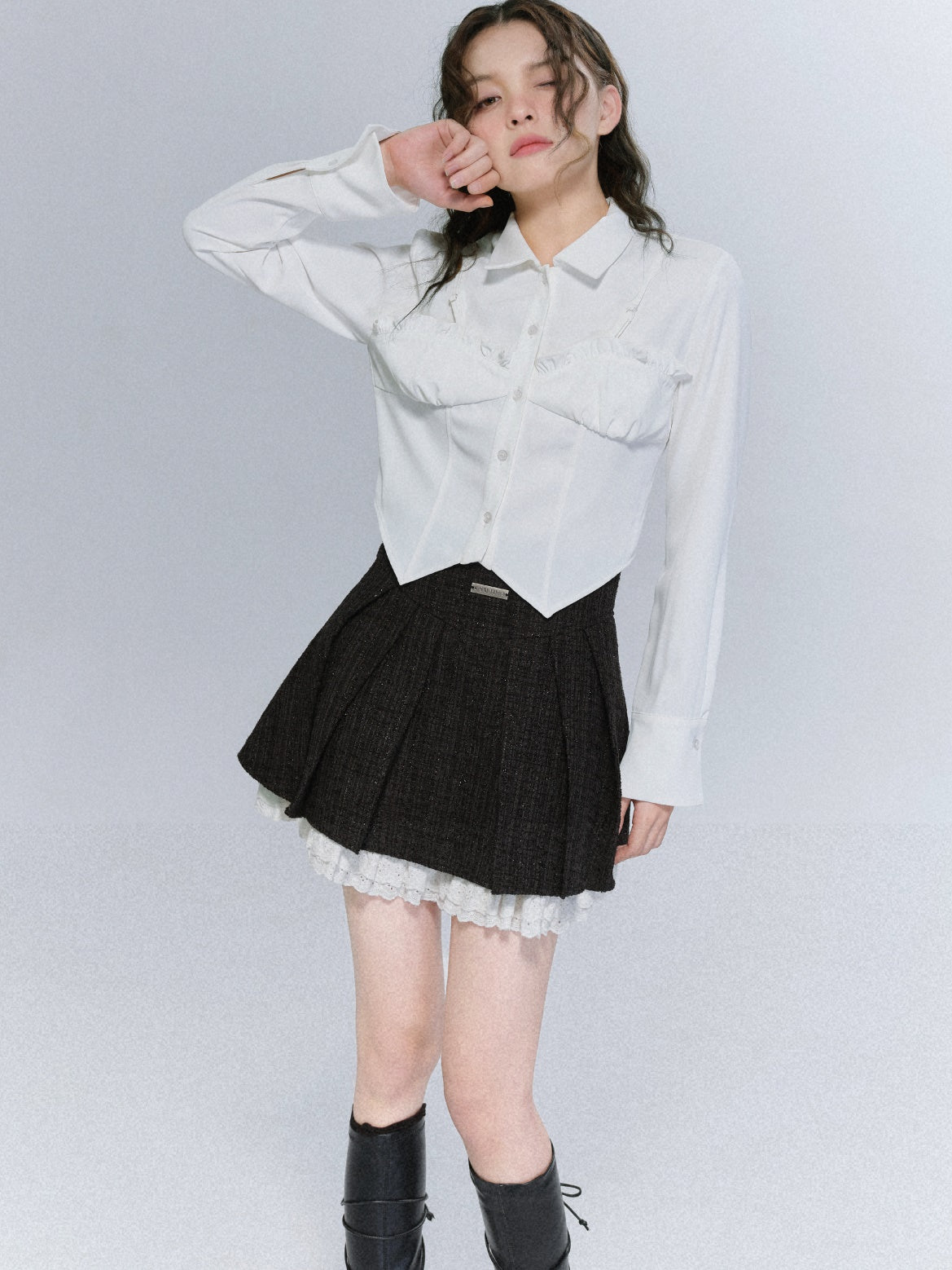 Tweed Stand-Collar Cropped Jacket & Lace Stitch Short Pleated Skirt