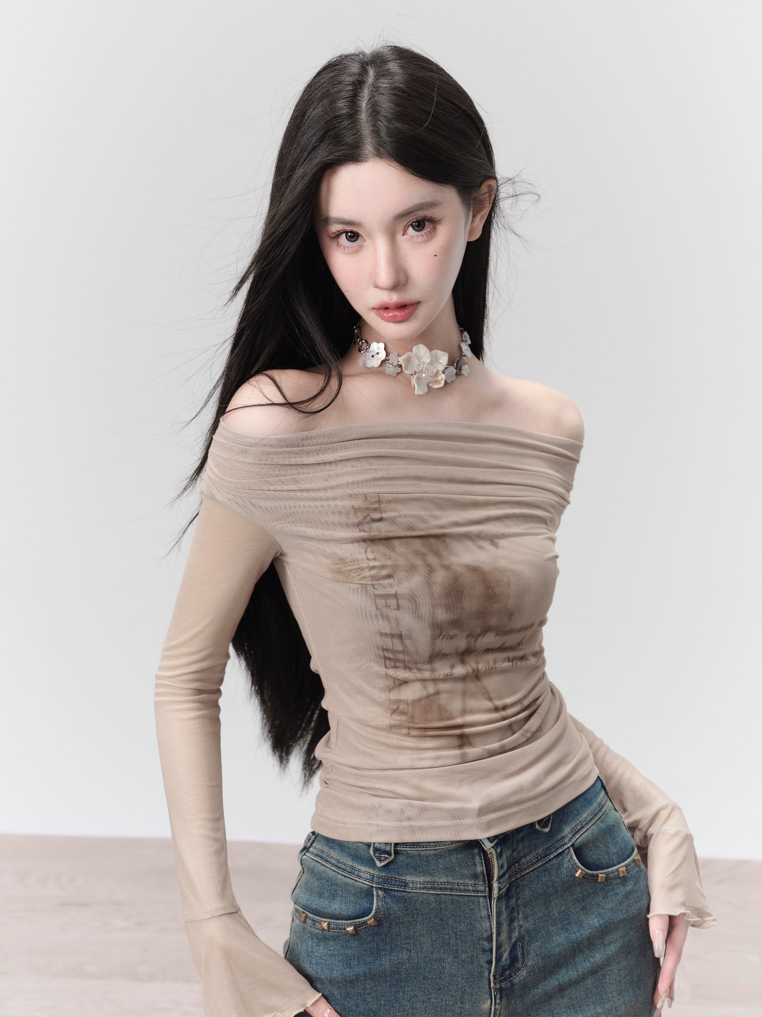 Off-shoulder Print Slim Long Sleeve Mesh T-shirt