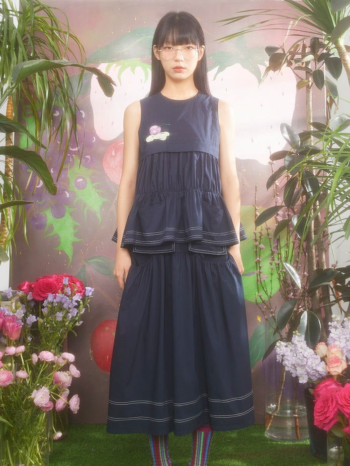 Cream Cherry Embroidered Sleeveless Top & Gather Skirt