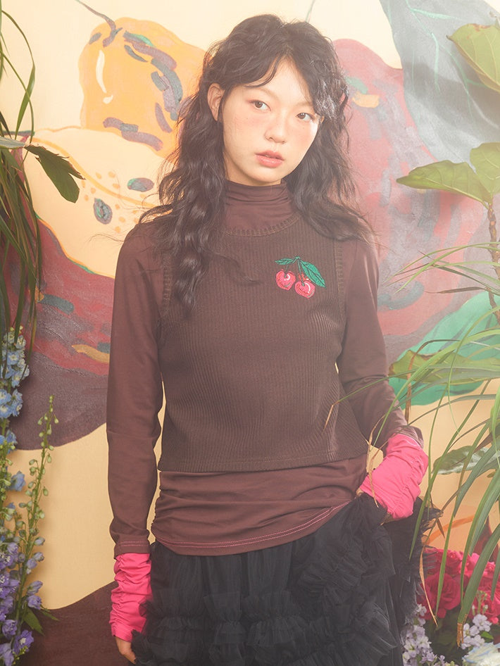 체리 자수 가짜 2 피스 바닥 셔츠