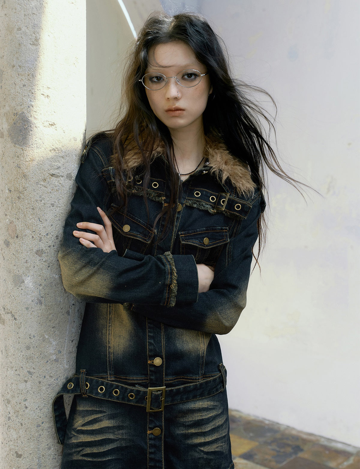 Fur Collar Washed And Distressed Slim Denim Dress