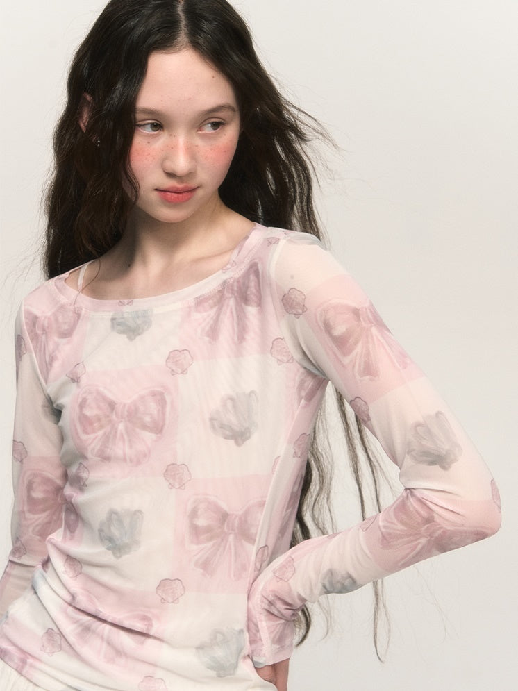 Girly Bow Print Elastic Mesh T-shirt