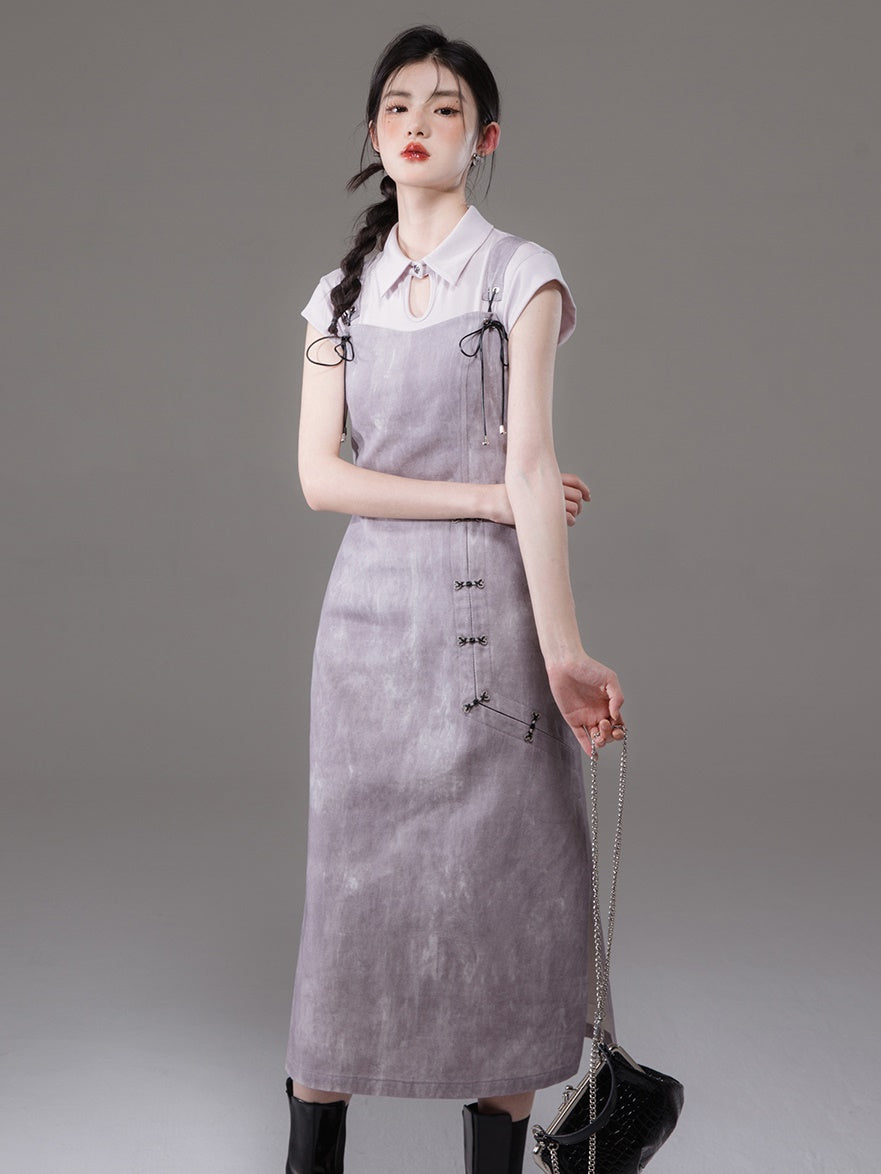 Chinese Style French Sleeve Cutsew & Tie-Dye Printed Suspender One-piece Set-up