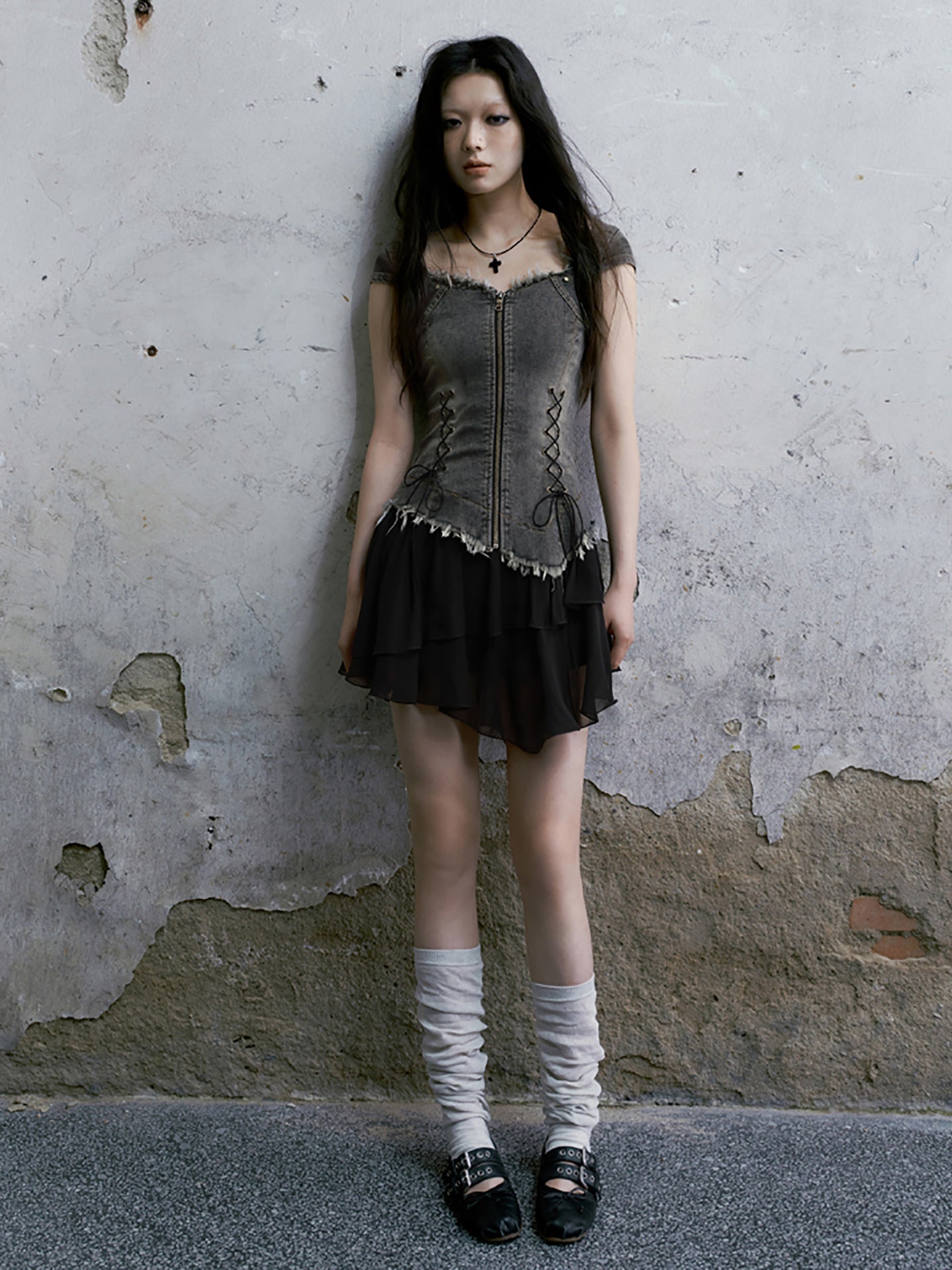 데님 스 플라이 싱 플라잉 슬리브 짧은 일체형