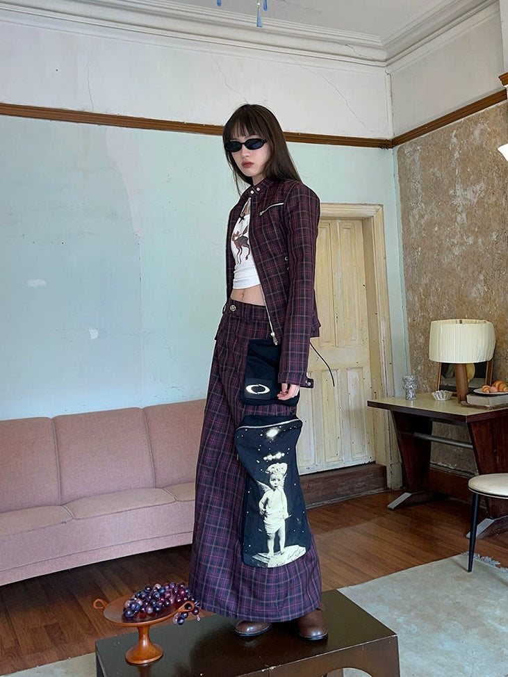 Check Zipper Short Jacket & Patch Pocket Long Skirt