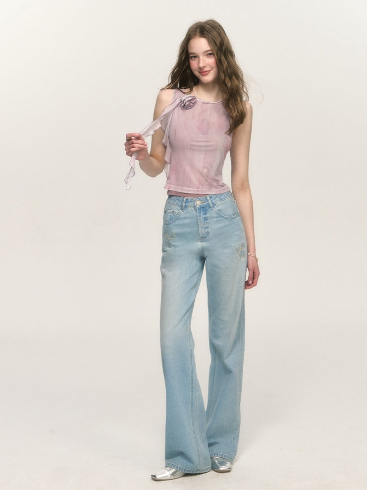 Embroidered Washed Distrssed Straight Loose Denim