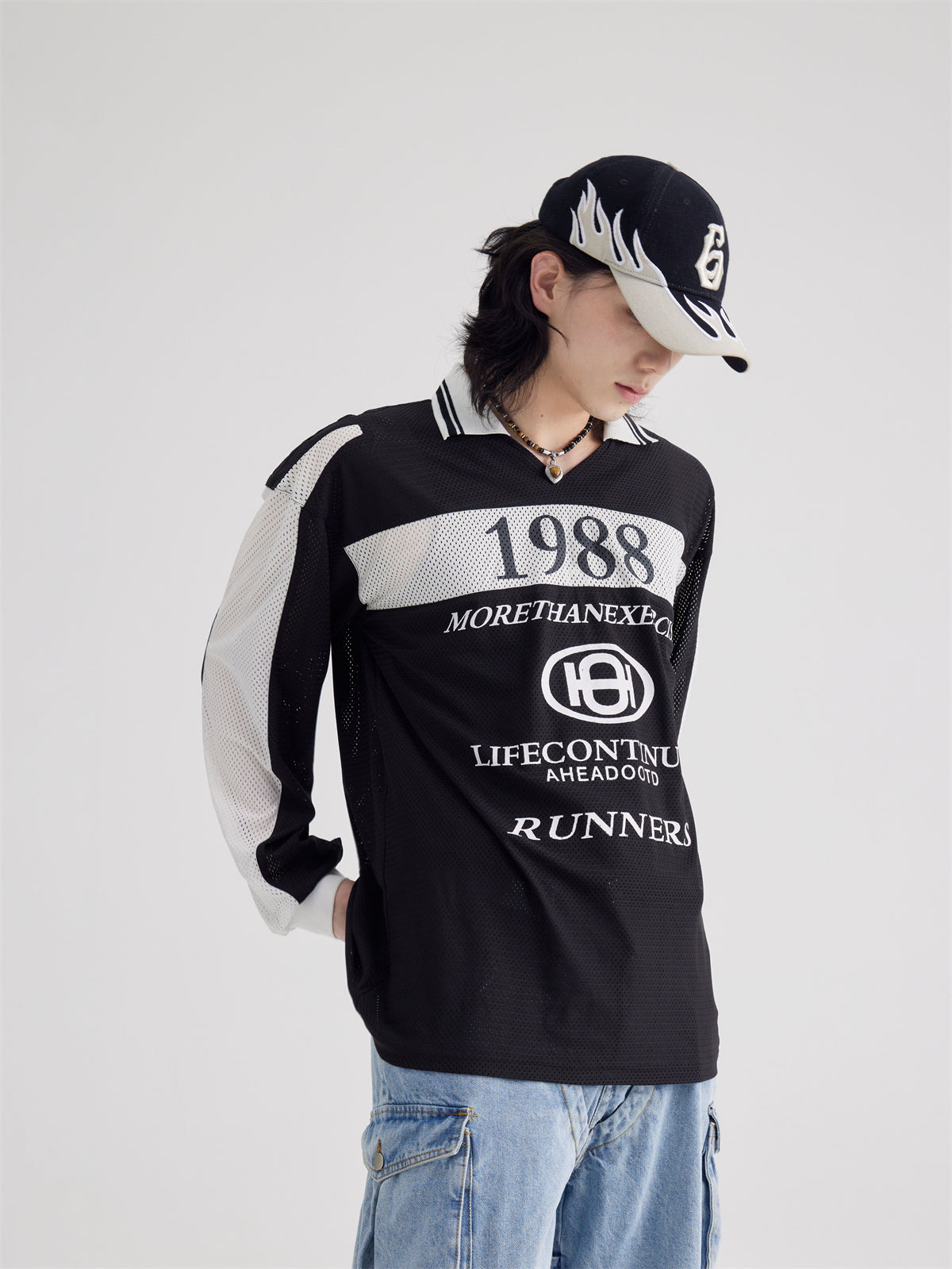 Polo Collar Mesh Print Long-sleeved T-shirt