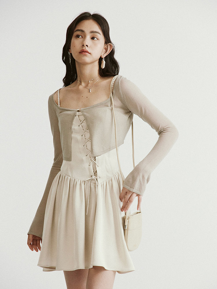 꼰 어깨 끈 대각선 전면 미니 원피스