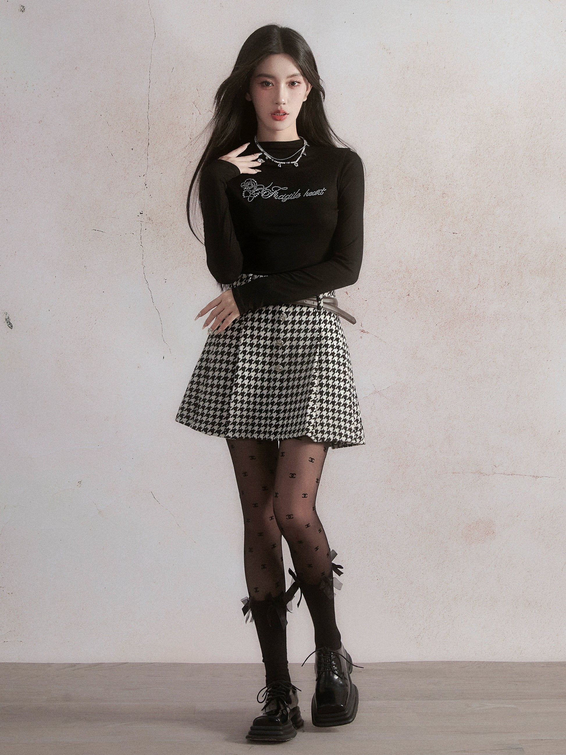 Langzeit-Langarm-T-Shirt & Houndstooth A-Line-Rock