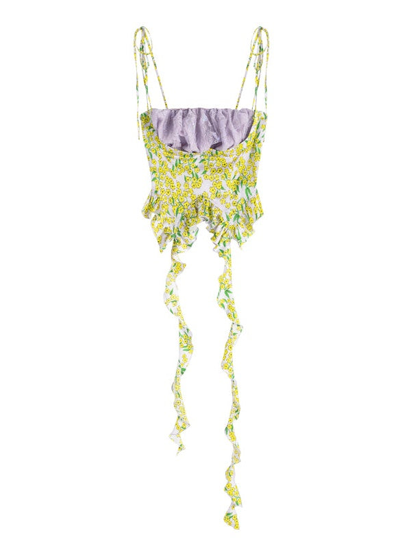 Floral Lace Suspender Top & Drawstring Splicing Skirt