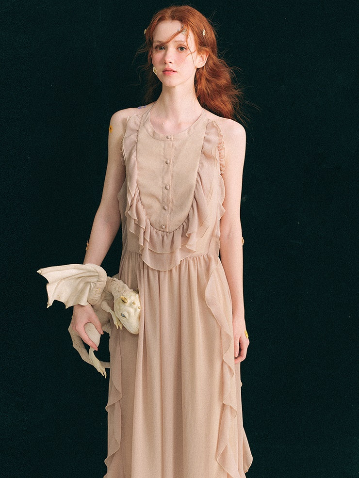 Halterneck Backless Design Frill Long Dress