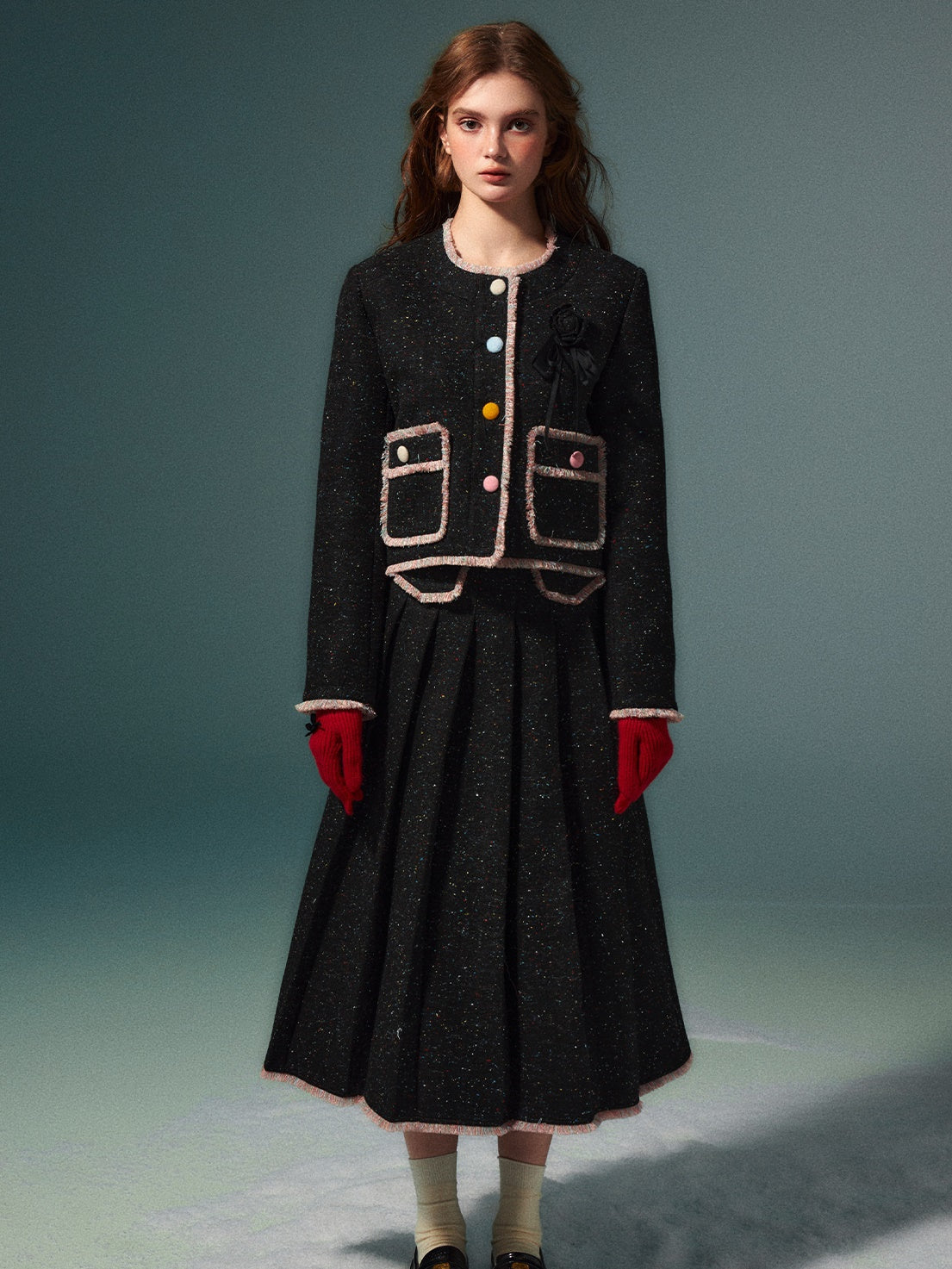 Colorful Dot No Collar Jacket & Pleated Skirt