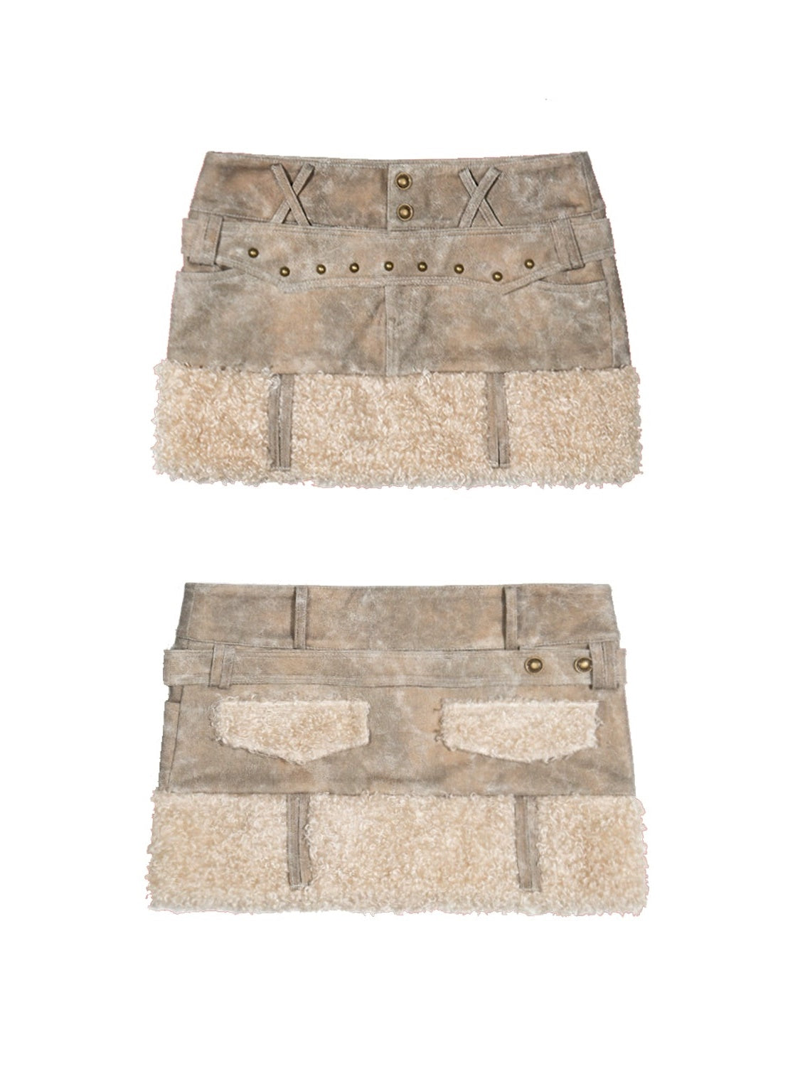 모피 스티치 PU 로우 웨이스트 짧은 치마