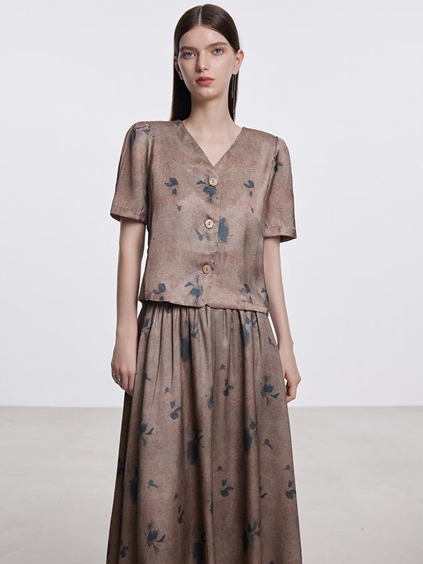Print V-neck Short Sleeve Top & Long Skirt