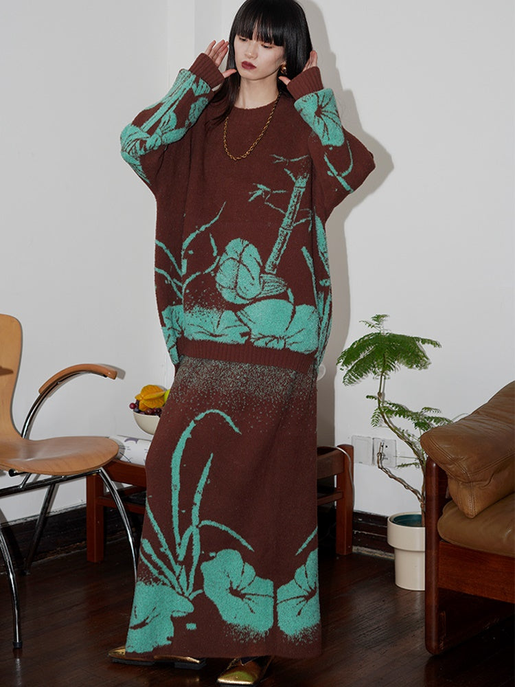 Lose Blume Jacquard Strickpullover & Rock