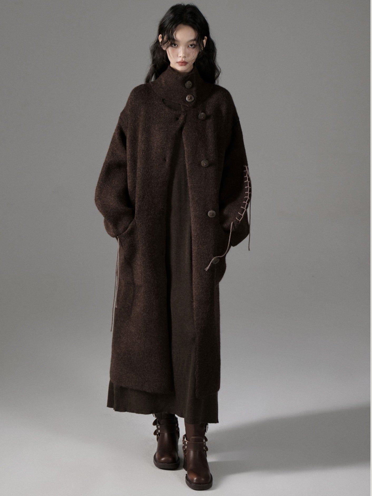 High-Neck Loose Long Soft Waxy Coat