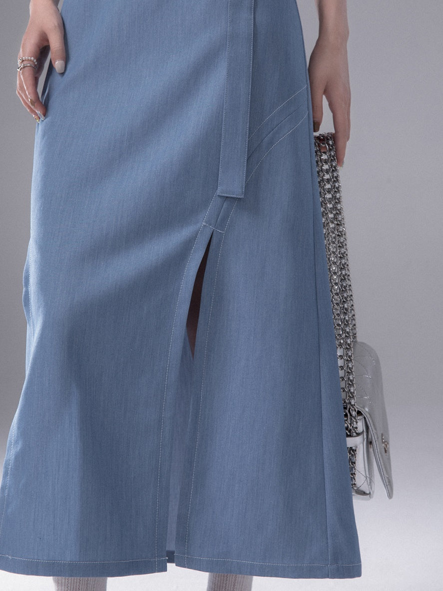 Cut-out Chinese Short Sleeve Top & Slit Skirt Set-up