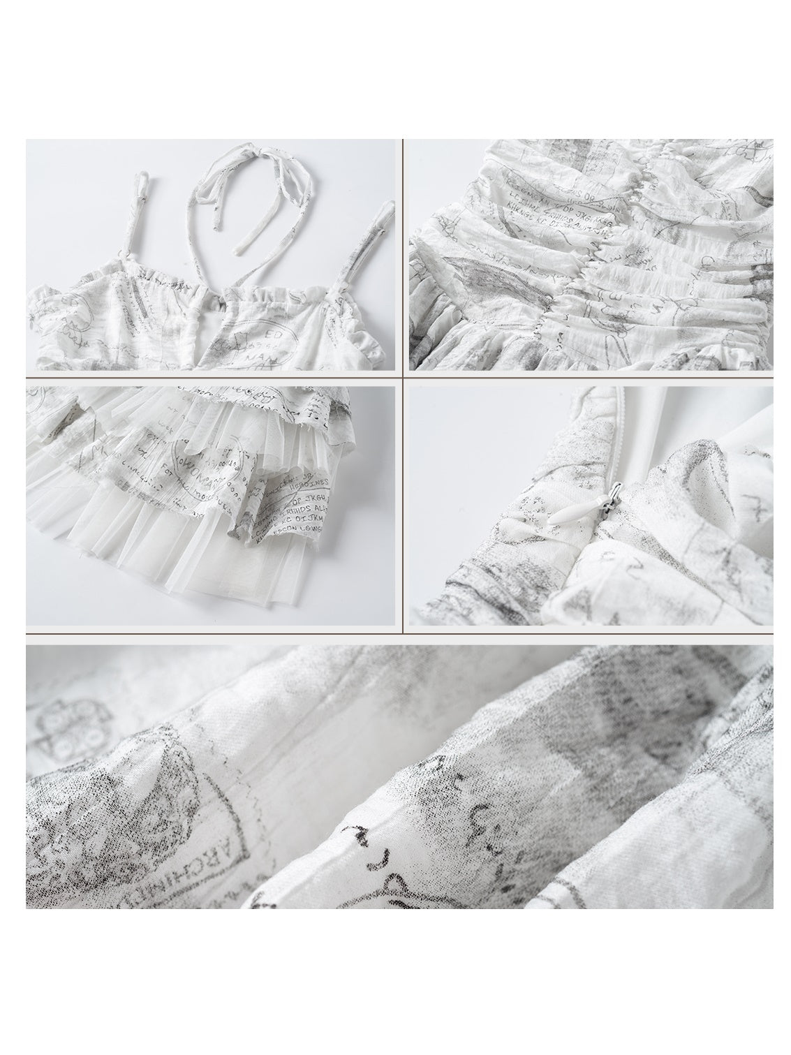 Retro Newspaper Shirring Suspenders Fluffy Dress