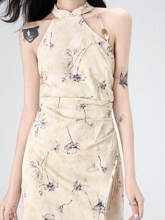 Floral American Sleeve Cheongsam Long Dress