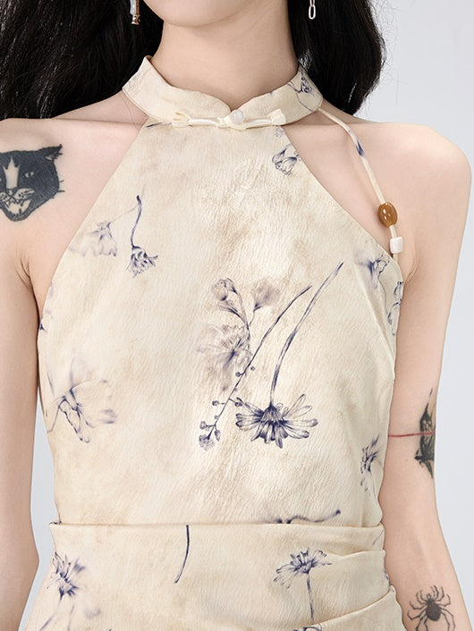 Floral American Sleeve Cheongsam Long Dress