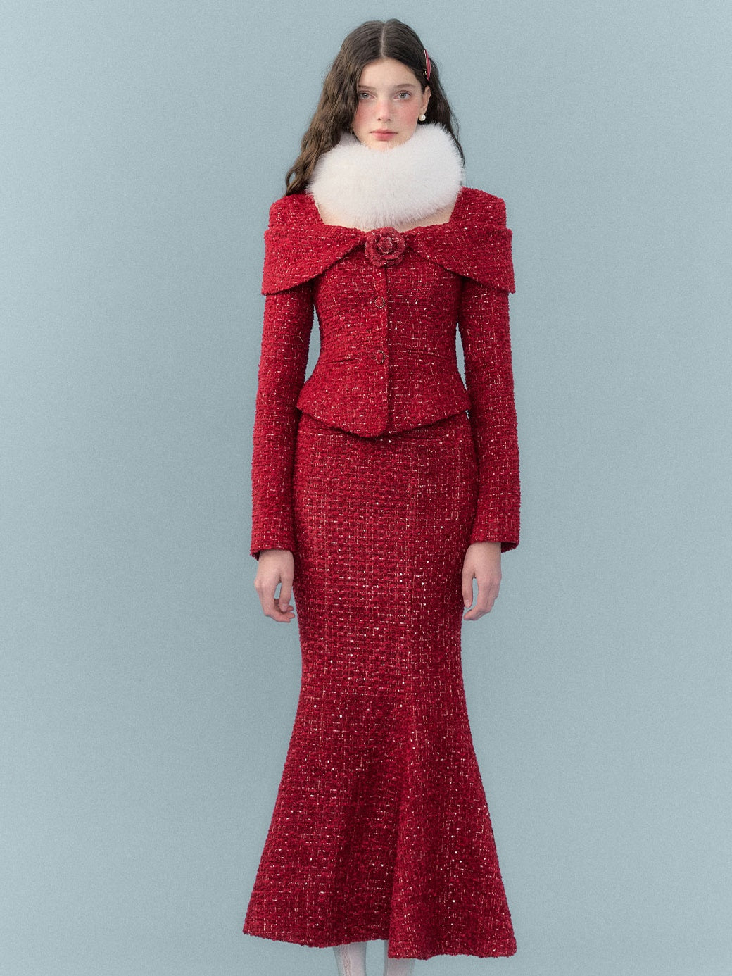 Woven Shag Retro Tweed Jacket & Short & Long Skirt