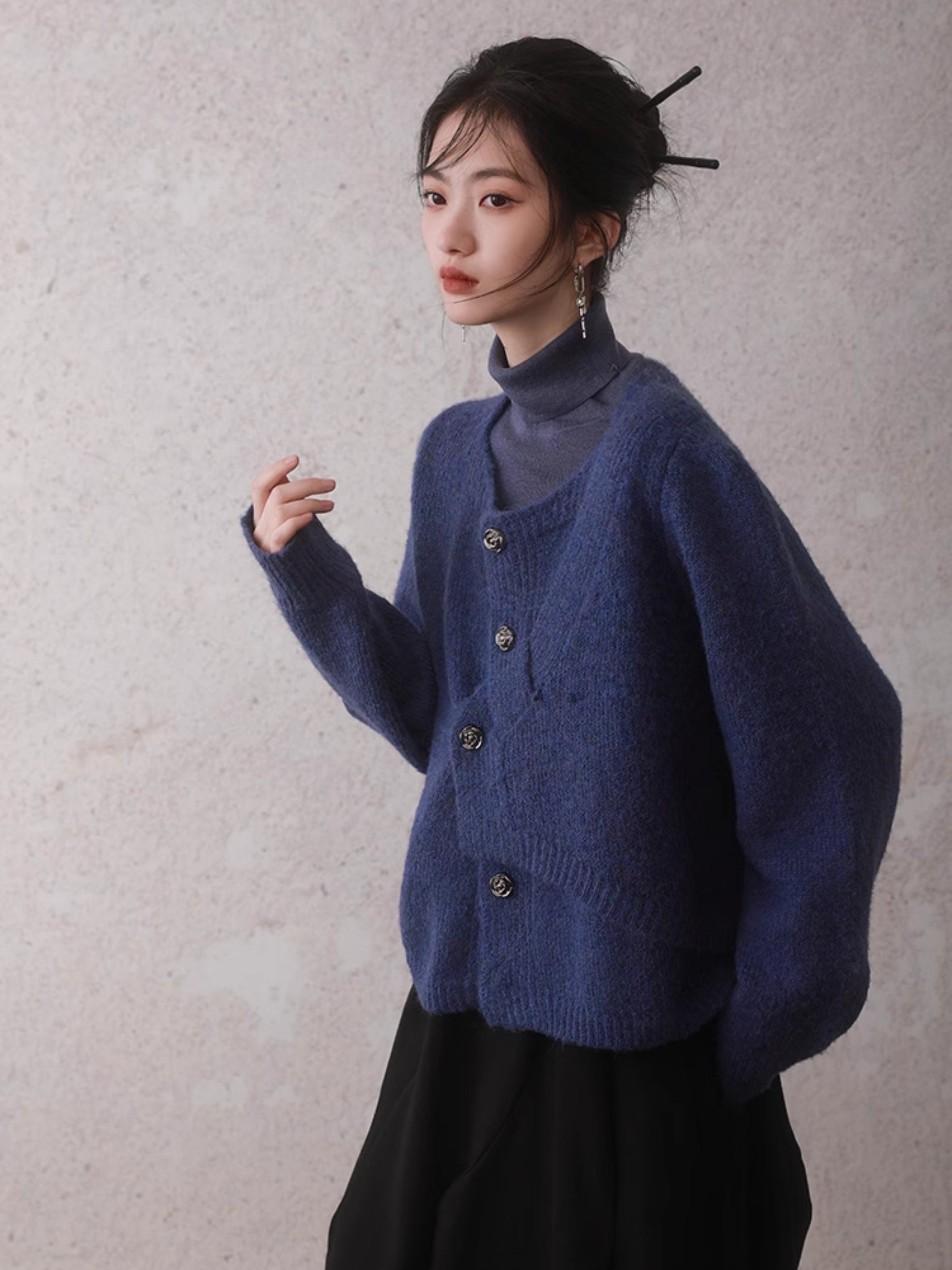 Irregular Button Round Neck Knitted Cardigan