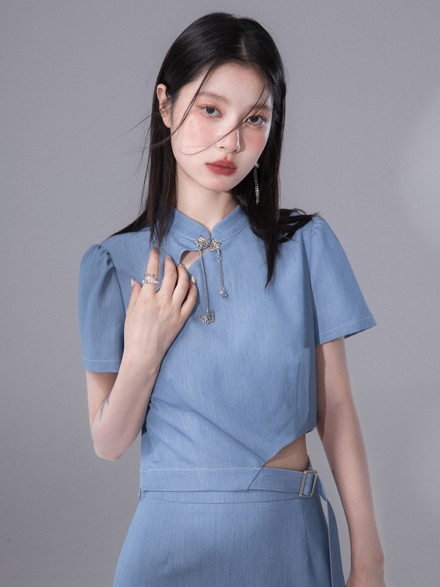 Cut-out Chinese Short Sleeve Top & Slit Skirt Set-up
