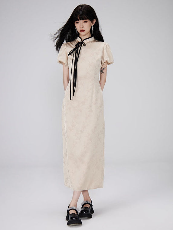 Color Trim Chinese Style Puff Sleeve Dress