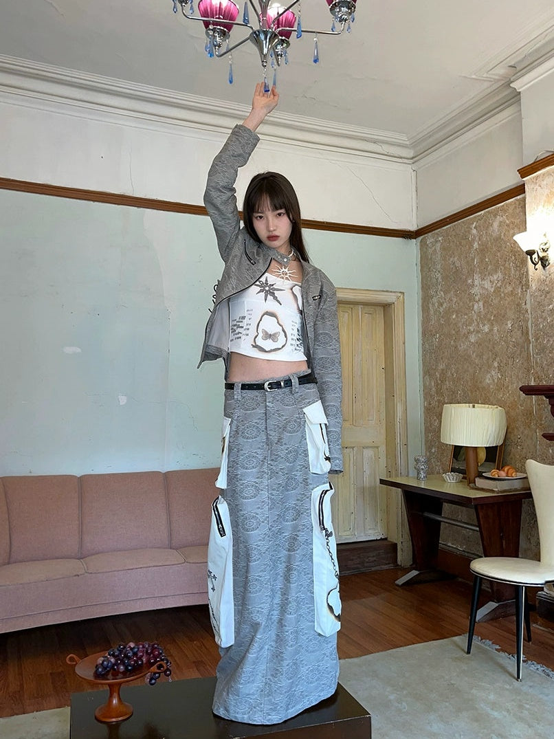 Jacquard Zipper Short Jacket & Low Waist Long Skirt