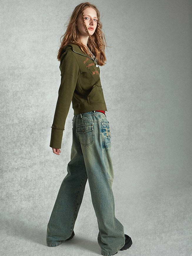 Retro Distressed Color Loose Wide-leg Jeans